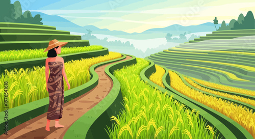 Woman in Traditional Dress Walking Through Lush Rice Terraces.