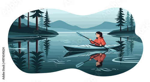 Woman kayaking on calm lake water paddling alone.