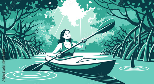 Woman kayaking peacefully through a serene mangrove forest.
