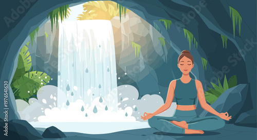 Woman meditating peacefully in a serene natural environment.