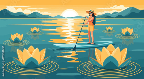Woman paddleboarding on calm water surrounded by lotus flowers.