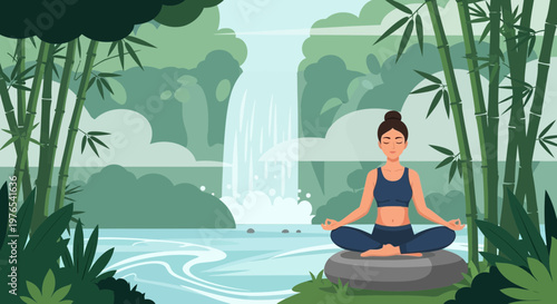 Woman meditating peacefully in lotus pose outdoors.