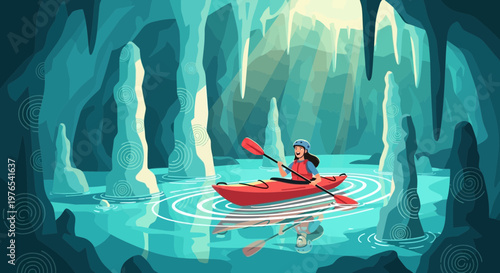 Woman kayaking through a mystical cave with stalactites.
