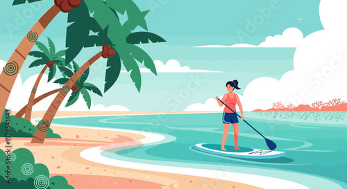 Woman paddleboarding on clear blue ocean water.