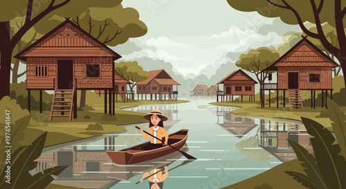 Woman paddling canoe through a village on water.