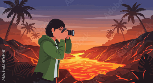 Woman Photographer Capturing Scenic Lava Flow Landscape.