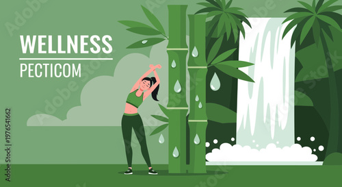 Woman practicing yoga near bamboo and waterfall.