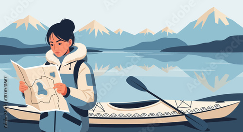 Woman reading map near kayak on lake.