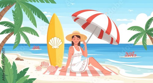 Woman relaxing on beach with surfboard and umbrella.
