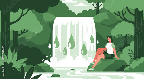 Woman sitting peacefully near a waterfall in a lush forest.