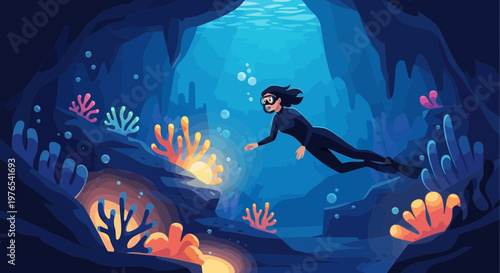 Woman scuba diving exploring vibrant coral reef underwater.