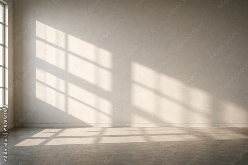 Fototapeta premium Minimal Interior with Window Shadow Grid and Soft Sunlight for Elegant Commercial Background