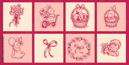 Hand-drawn set of isolated coquettecore Easter elements with adorable flirty ribbon bows and flowers in pastel pink and cream white tone. Isolated vintage spring sketch graphic clip art in blocks.