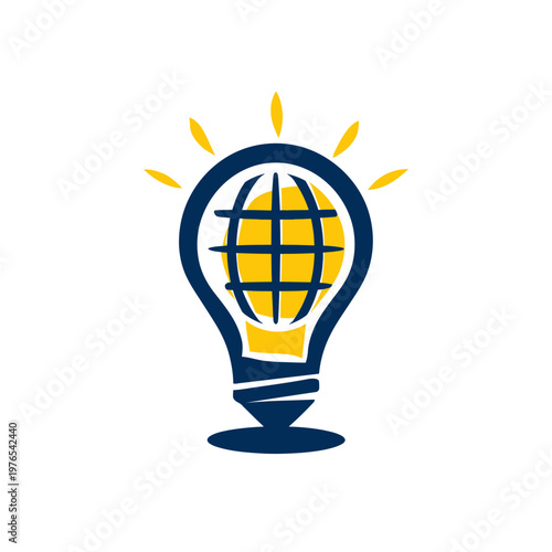 A stylized illustration features a lightbulb, with globe lines. Rays emanate from the bulb