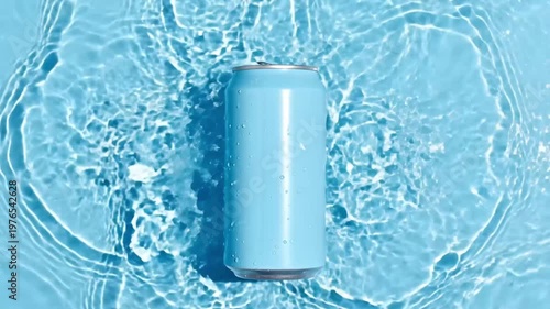 Light blue blank beverage can splashing into water on a matching blue background