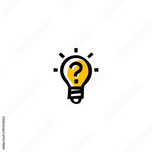Cartoon-style illustration of a lightbulb with a question mark in the center. It emits light rays