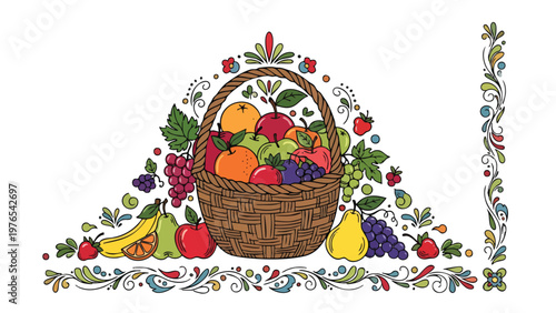 Abundant Fruit Basket Decorative Border - Harvest Season Vector Art