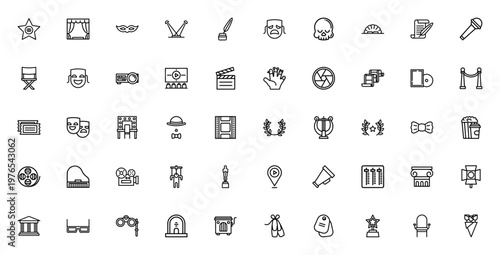 Cinema Elements icon set. Vector illustration pack featuring stage, mask, spotlight, film reel, clapperboard, camera, Oscar award, tickets, popcorn and more. Editable stroke.