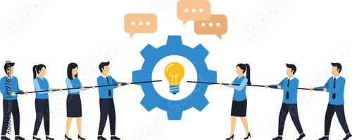 business teamwork conflict illustration, idea competition concept, tug of war collaboration, innovation strategy, communication discussion, corporate teamwork problem solving design