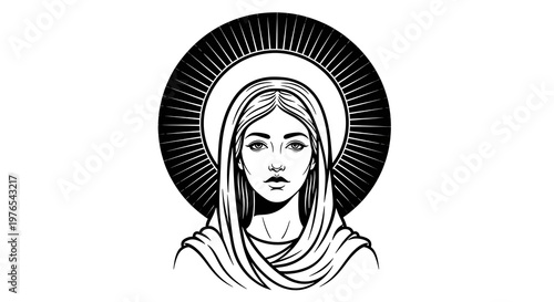 Virgin Mary with Halo Black and White Illustration.