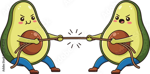 cute avocado characters tug of war, funny cartoon fruit illustration, playful food mascots, healthy lifestyle concept, vector style, kids design