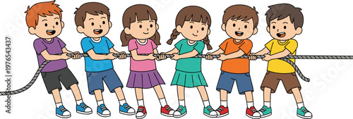 kids tug of war, children teamwork game, school activity, group play, cooperation concept, fun competition, playful illustration, teamwork learning, vector cartoon, kids sport