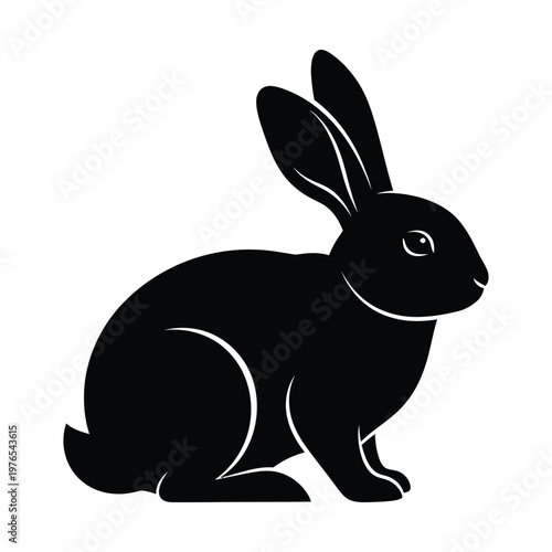 A sleek black silhouette of a sitting rabbit with upright ears and a relaxed posture.