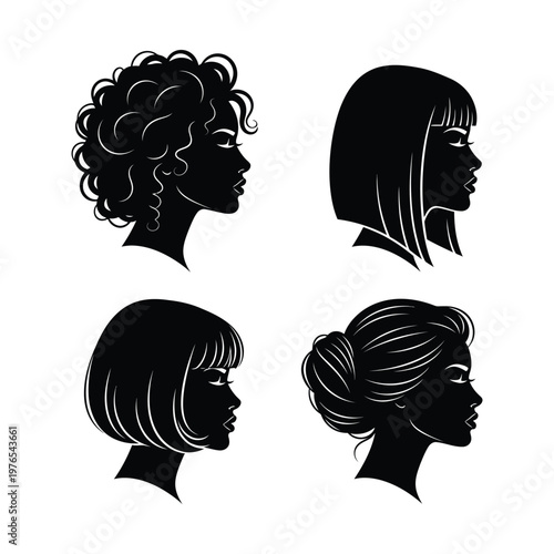 Four stylish black silhouette profiles of women with different hairstyles