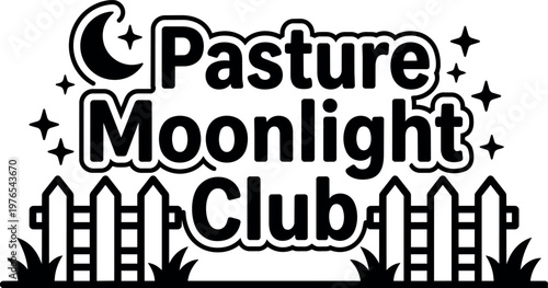 Pasture moonlight club black and white vector art with crescent moon and fence