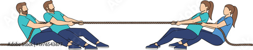 tug of war teams, men versus women, teamwork competition, gender challenge, strength contest, cooperation effort, business concept, vector illustration, equality struggle, strategy