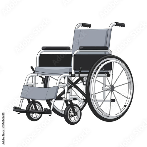 Standard manual wheelchair with black and grey upholstery and metal frame