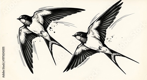 Two graceful swallows in flight, captured in a classic black and white illustration style, showcasing their elegant wings and distinctive tail feathers.