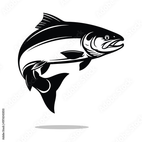 Dynamic black and white illustration of a leaping salmon fish