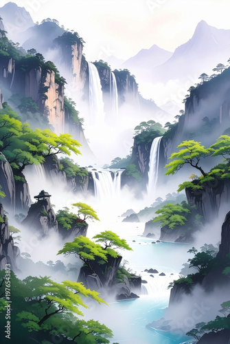 東洋風な滝と山の風景