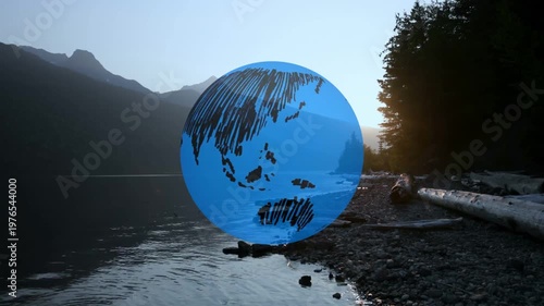 On playback start digital globe rotating above lake, revealing sketch continents for education