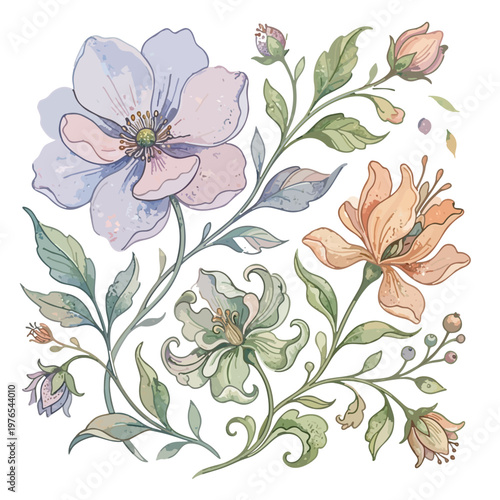 Artistic water-color styled flower set or floral composition