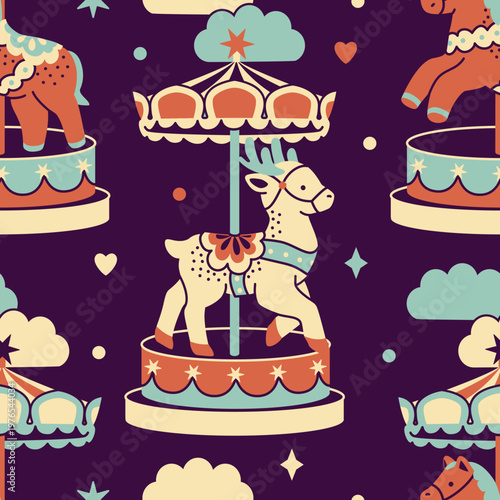 Seamless Christmas carousel and rocking deer pattern. Playful childish fairground background for holiday wrapping paper and decor.