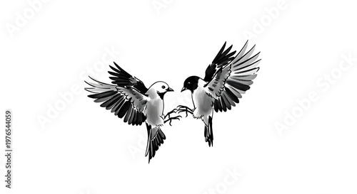 Two Birds Flying Towards Each Other in a Black and White Illustration.