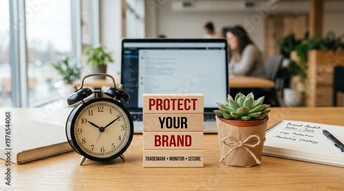 Brand protection blocks sit beside an alarm clock, succulent, and laptop showing a warning screen in a contemporary office, emphasizing cybersecurity and identity safeguarding.