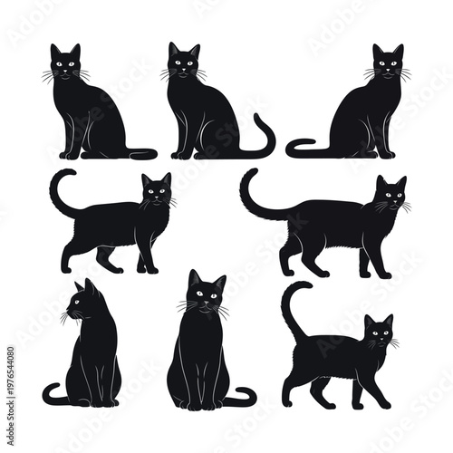 Collection of stylized black cats in various sitting and standing poses