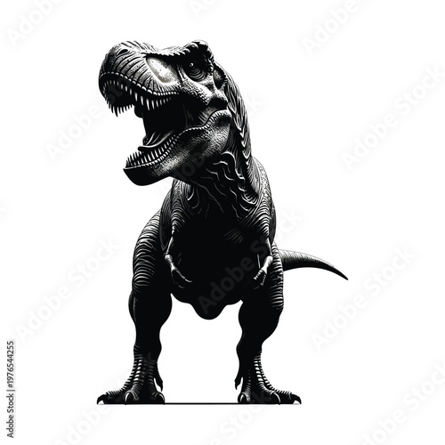 A detailed black and white illustration of a towering tyrannosaurus rex dinosaur