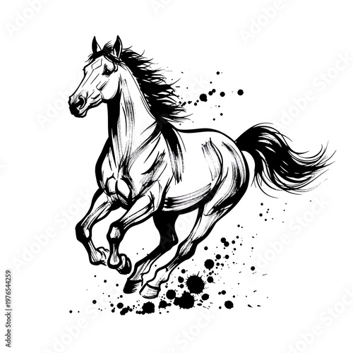 Dynamic Galloping Horse Black and White Ink Splatter Illustration.