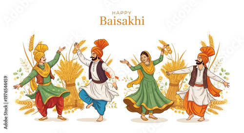 Illustrations of Punjabi dancers celebrating Baisakhi in traditional dress, showcasing the harvest festival with vibrant colors and a festive atmosphere, set against a clean background