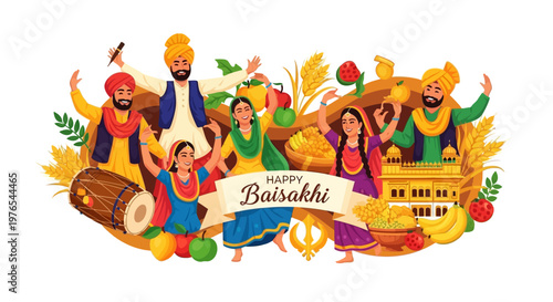 Vibrant vector illustration showcasing a joyful Baisakhi celebration with traditionally dressed Punjabi figures dancing and celebrating the spring harvest festival amidst golden wheat