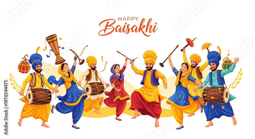 Festive vector art showing a joyful Baisakhi celebration with people in traditional Punjabi dress dancing and playing musical instruments against a clean background, conveying a colorful