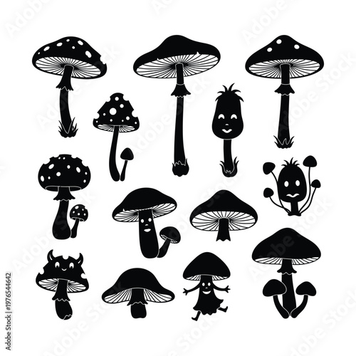 Whimsical black and white illustration of anthropomorphic mushrooms and tiny forest creatures