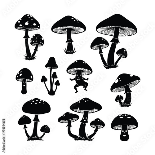 Whimsical black and white illustration of diverse mushroom varieties in a playful arrangement