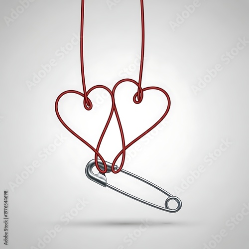Two red wire hearts intertwined with a silver safety pin hanging against a light gray background.