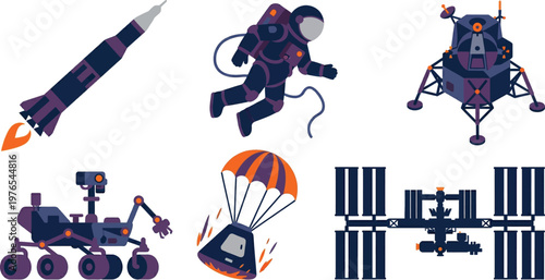 Space Exploration and Astronaut Equipment Flat Vector Illustration Pack Including Rocket Launch Lunar Lander Mars Rover and Space Station Silhouette