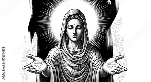 A serene depiction of a divine figure with open arms and a radiant halo.